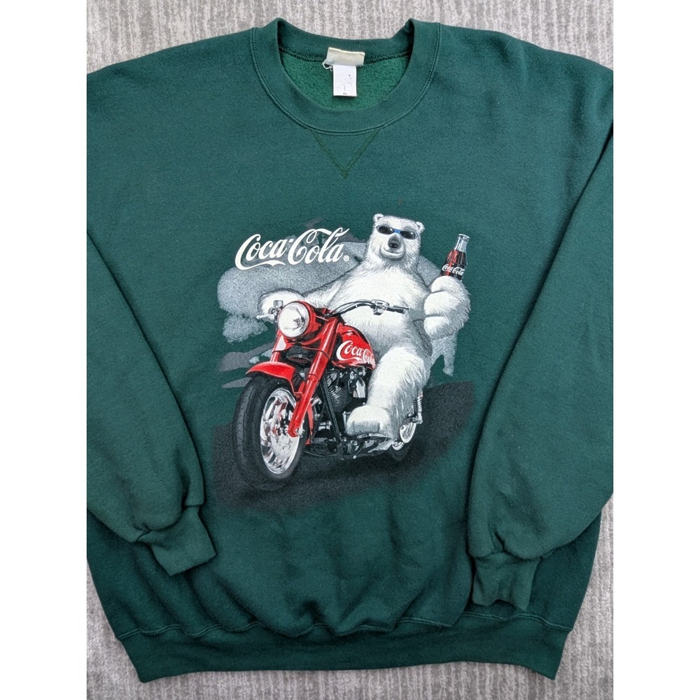 Vtg 90s Coca Cola Polar Bear Motorcycle Sweatshirt XL USA Green